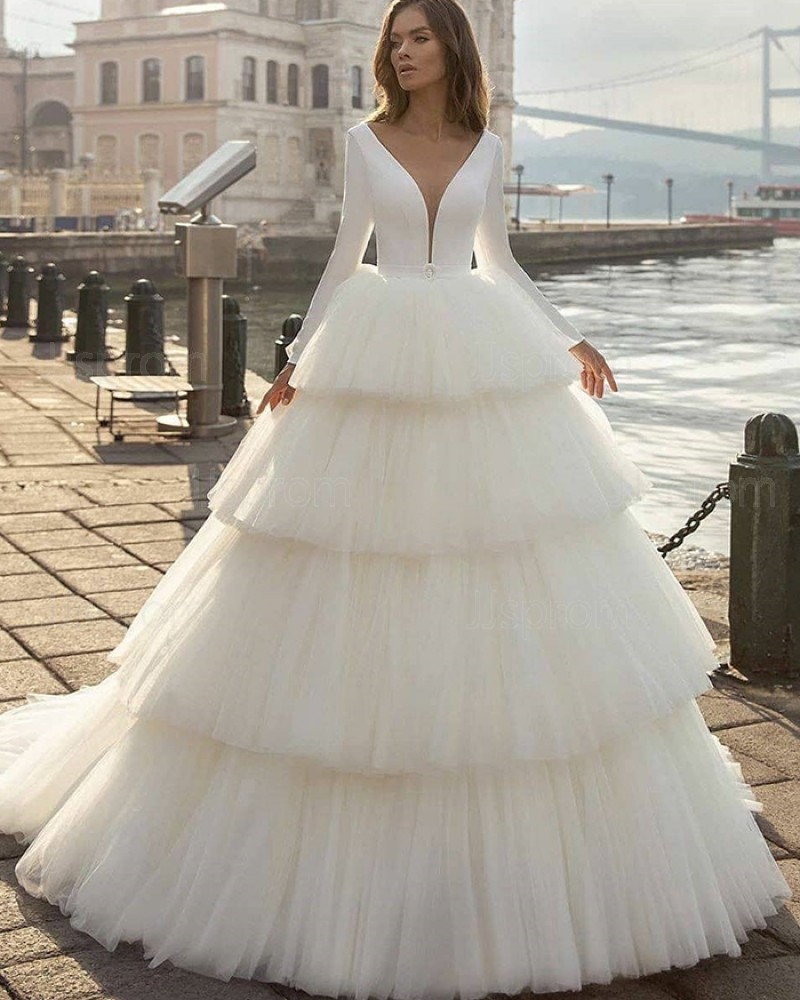 Simple V-neck Ruffle Long Sleeve White Wedding Dress with Layered Skirts WD2413