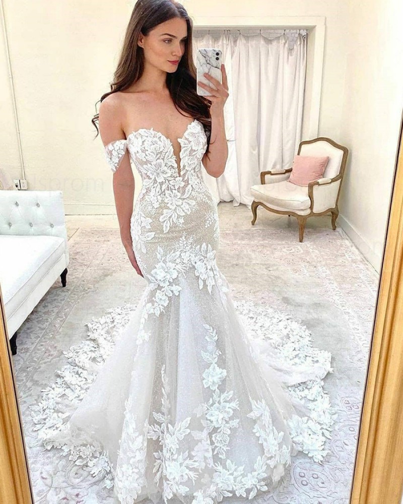 Ivory Lace Mermaid Off the Shoulder Wedding Dress with Court Train WD2414