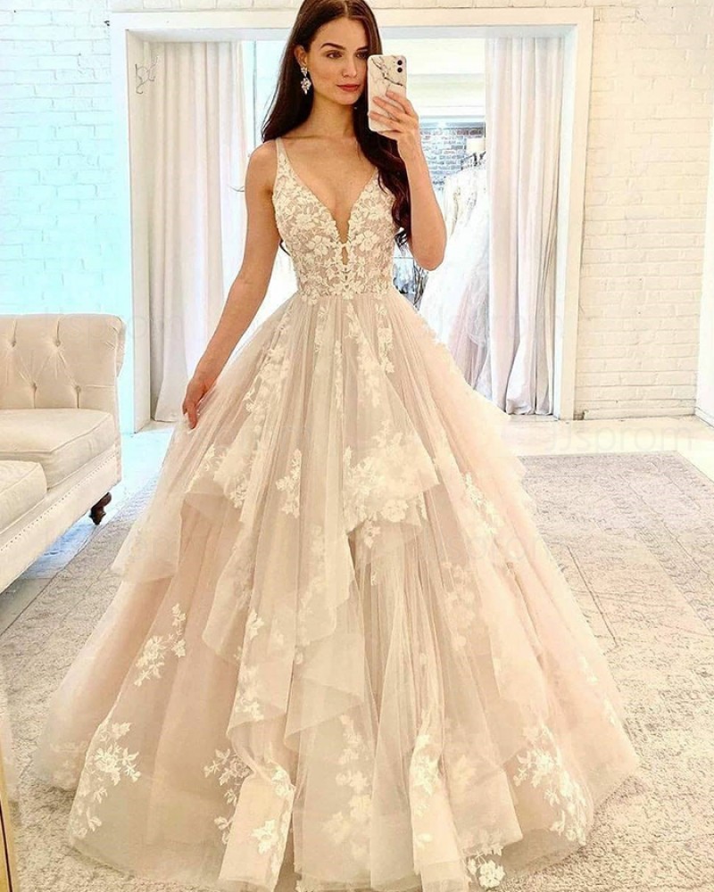 Ivory Ruffle Lace Applique V-neck Tulle Wedding Dress WD2415