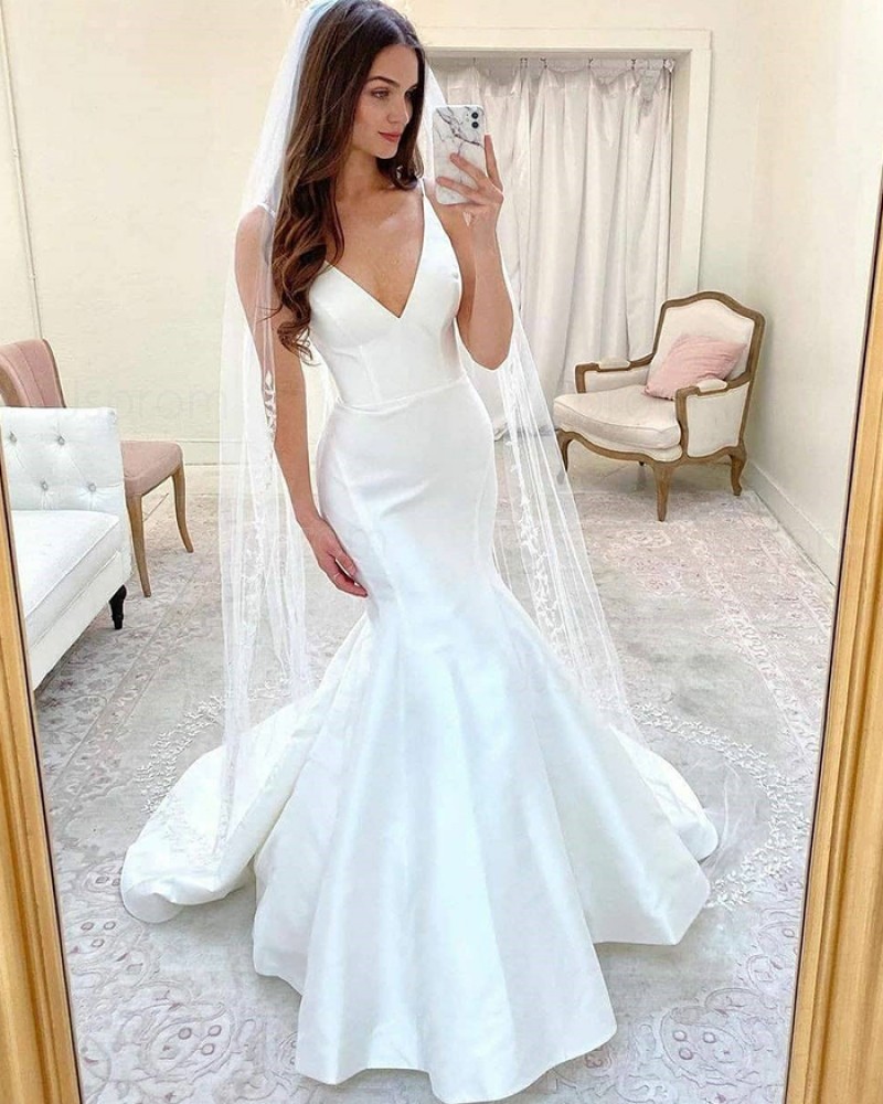 Spaghetti Straps White Mermaid Simple Wedding Dress WD2416