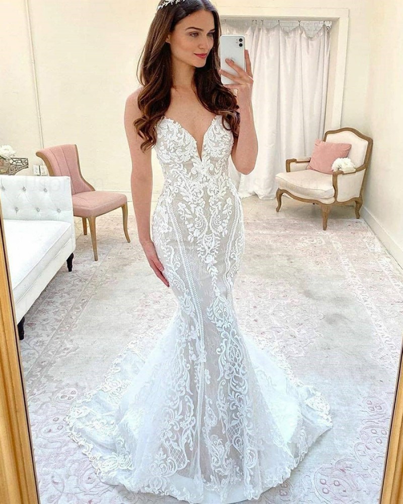 Spaghetti Straps Lace Mermaid White Wedding Dress with Court Train WD2421
