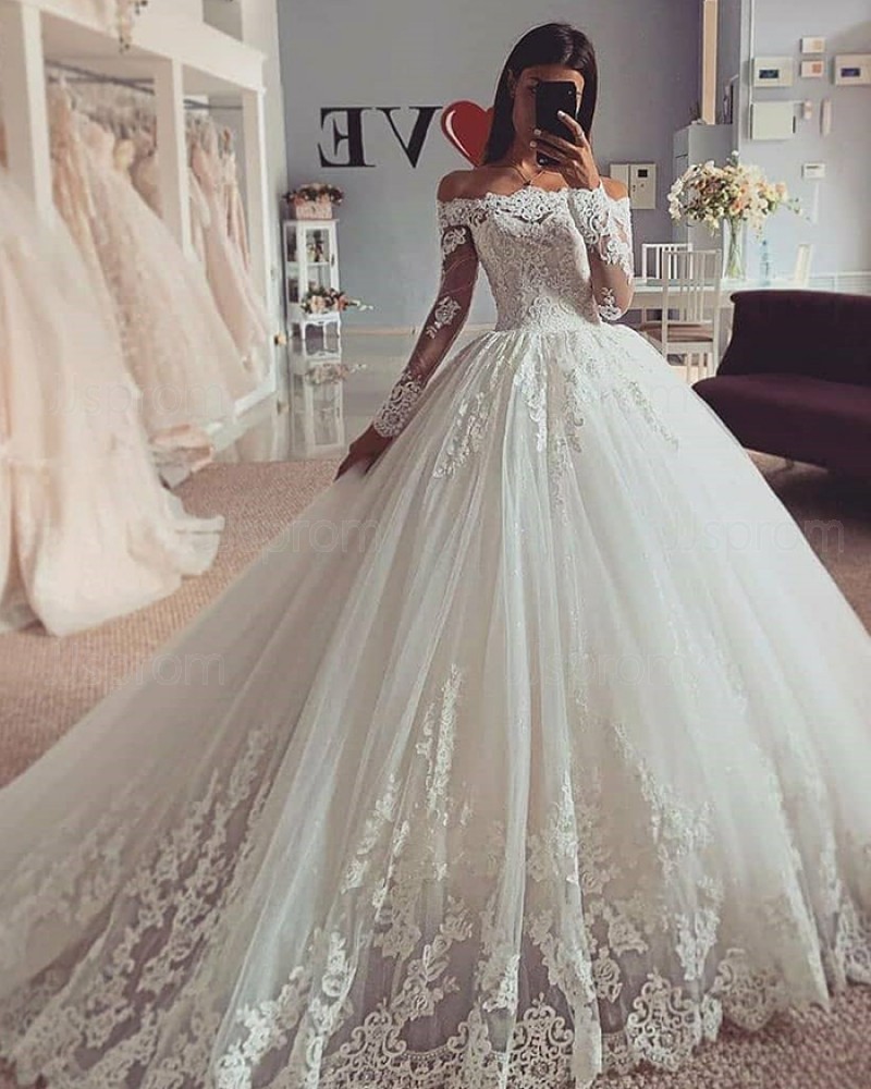 Off the Shoulder Lace Applique White Wedding Dress with Long Sleeves WD2424