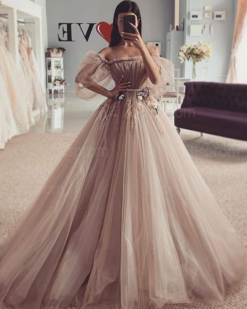 Brown Ruched Beading Tulle Off the Shoulder Wedding Dress WD2425