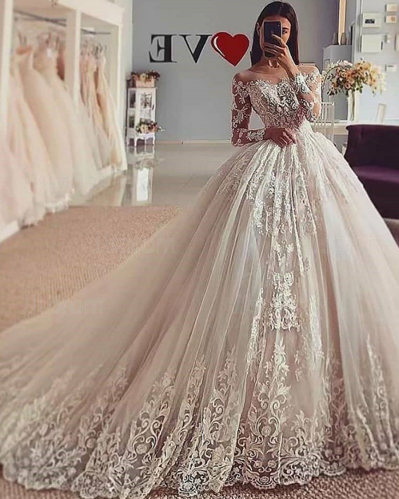 White Lace Tulle Sheer Neckline Ball Gown Wedding Dress with Long Sleeves WD2426