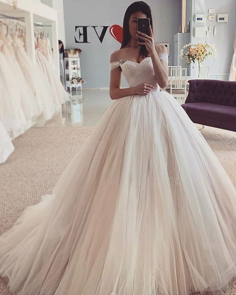 Off the Shoulder Ivory Tulle Pleated Simple Wedding Dress WD2429