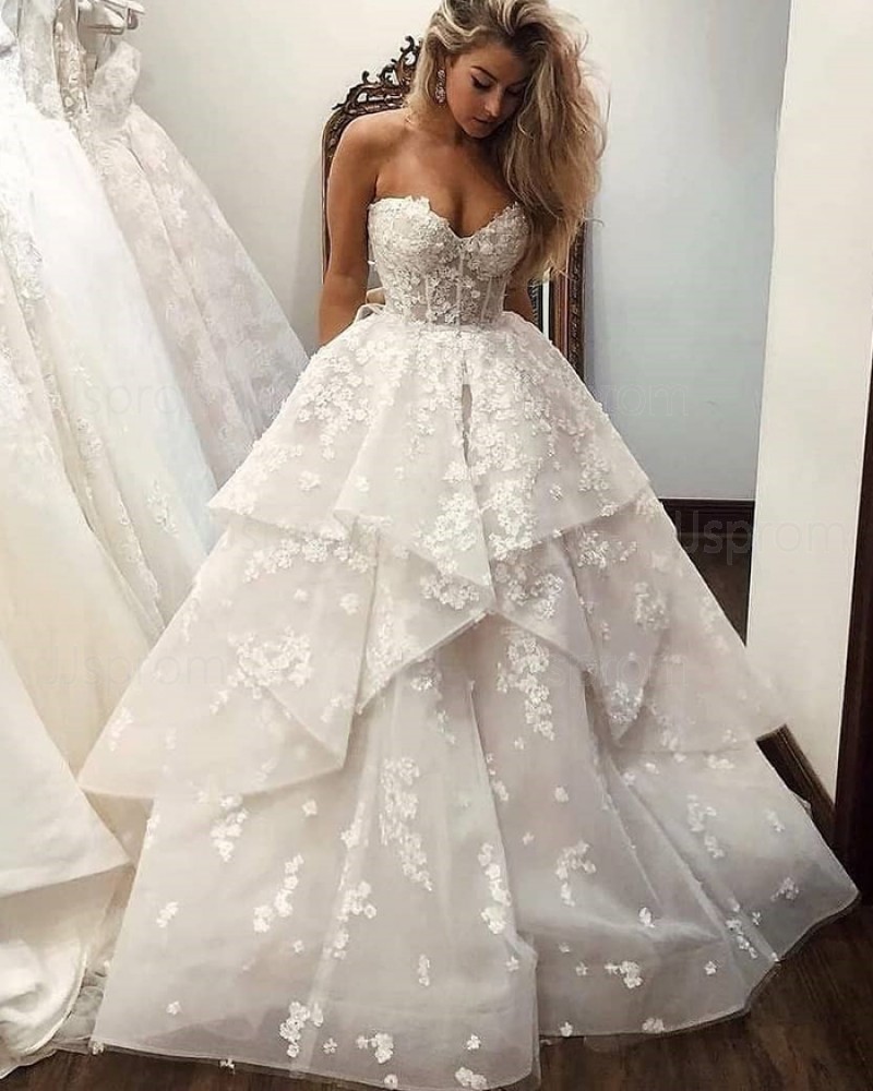 White Lace Ruffle Sweetheart Wedding Dress WD2431