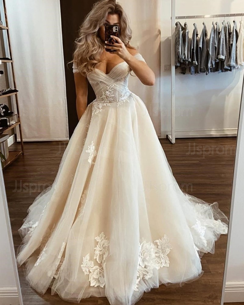 Ivory Tulle Applique Off the Shoulder Wedding Dress WD2433