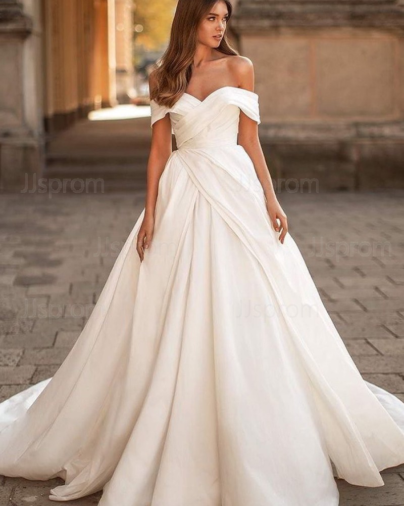 Off the Shoulder White Ruched Satin Simple Wedding Dress WD2434