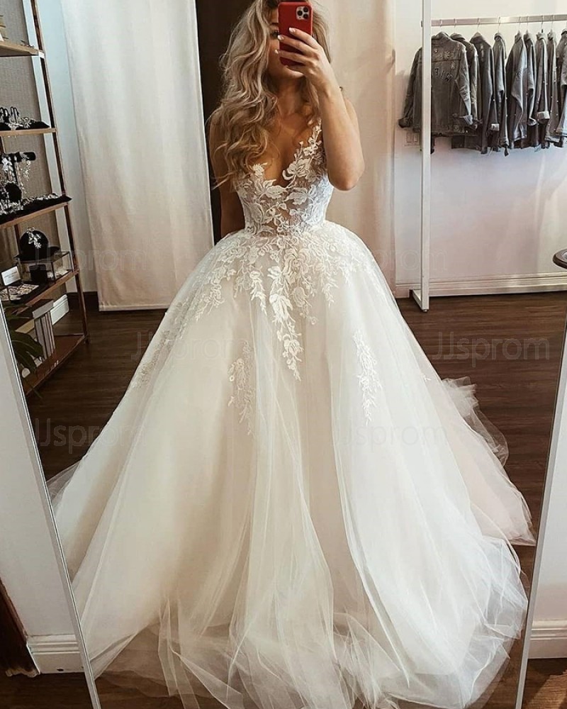 Lace Applique Tulle White V-neck Wedding Dress WD2435