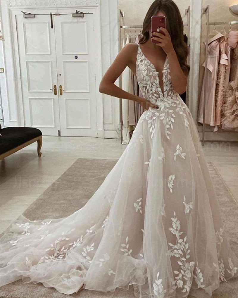 Lace Applique Ivory A-line V-neck Wedding Dress WD2436