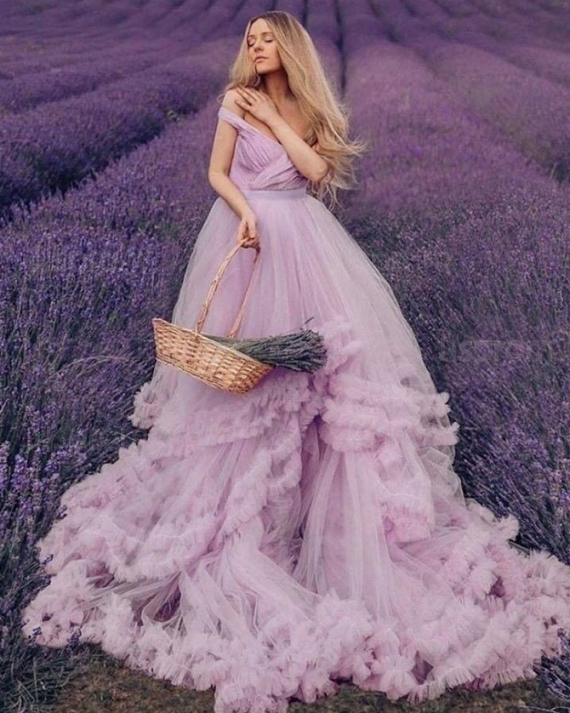 V-neck Ruched Tulle Tiered Feather Lavender Wedding Dress WD2437