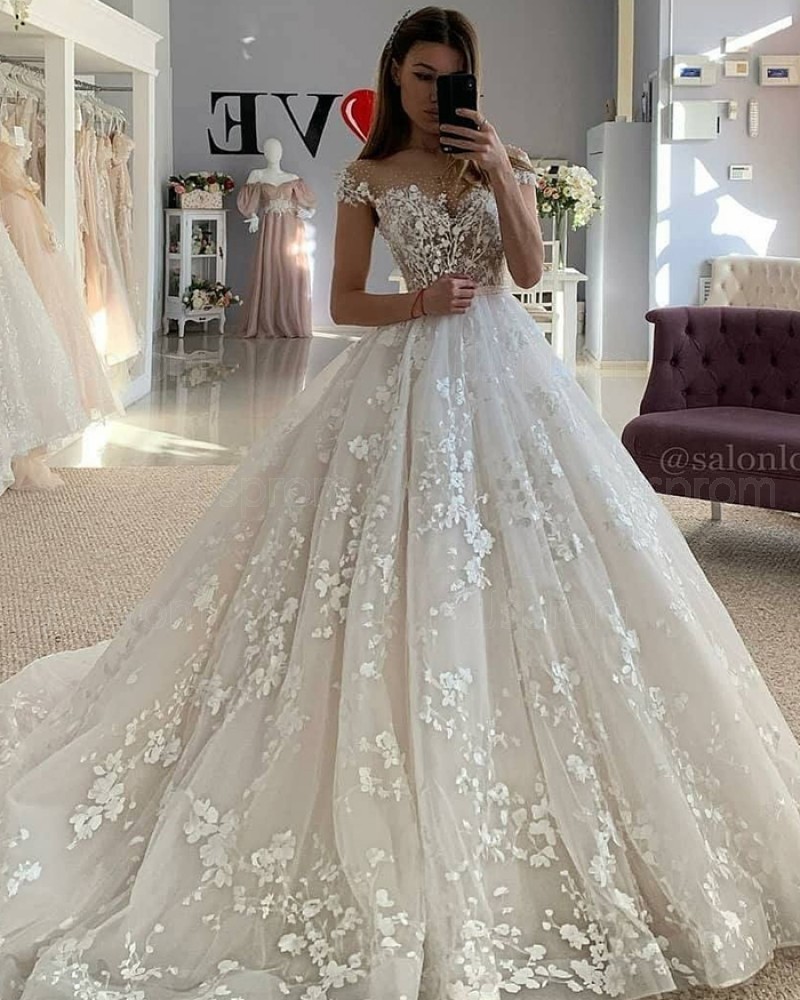 Elegant Off the Shoulder Lace Applique Ivory Wedding Dress WD2439