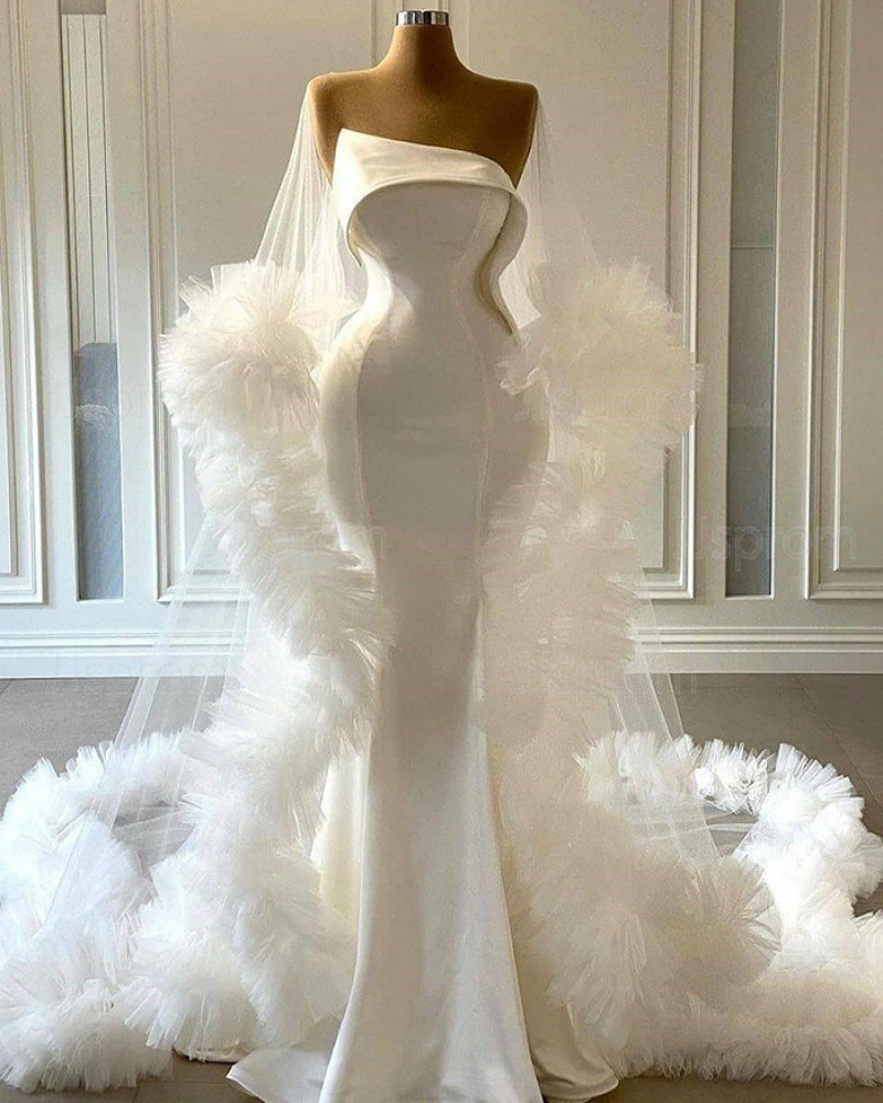 Bell Sleeves White Tulle Cowl Neckline Mermaid Wedding Dress with Feather Hems WD2441