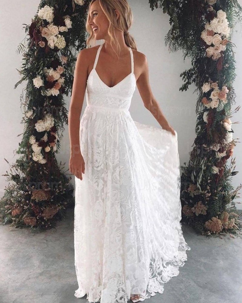 White Floor Length Halter Lace Sheath Beach Wedding Dress WD2442