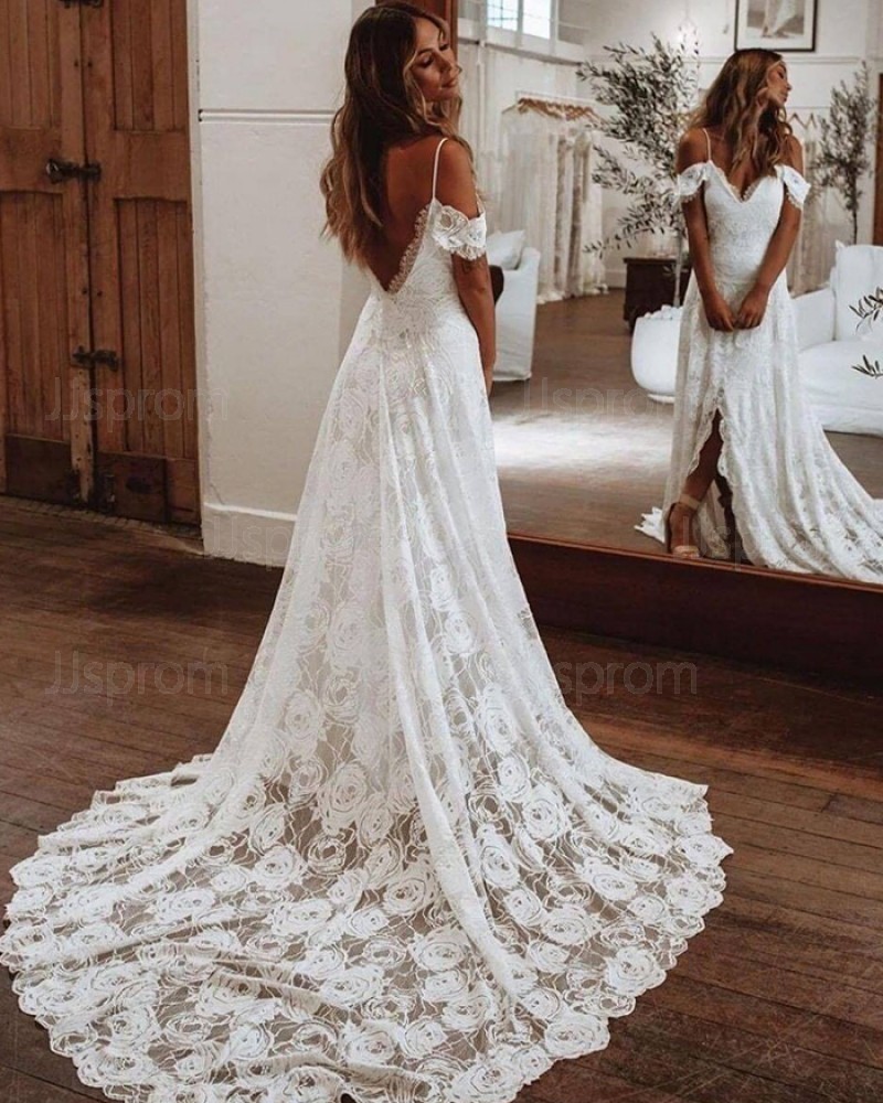 White Lace Cold Shoulder Wedding Dress with Middle Slit WD2443