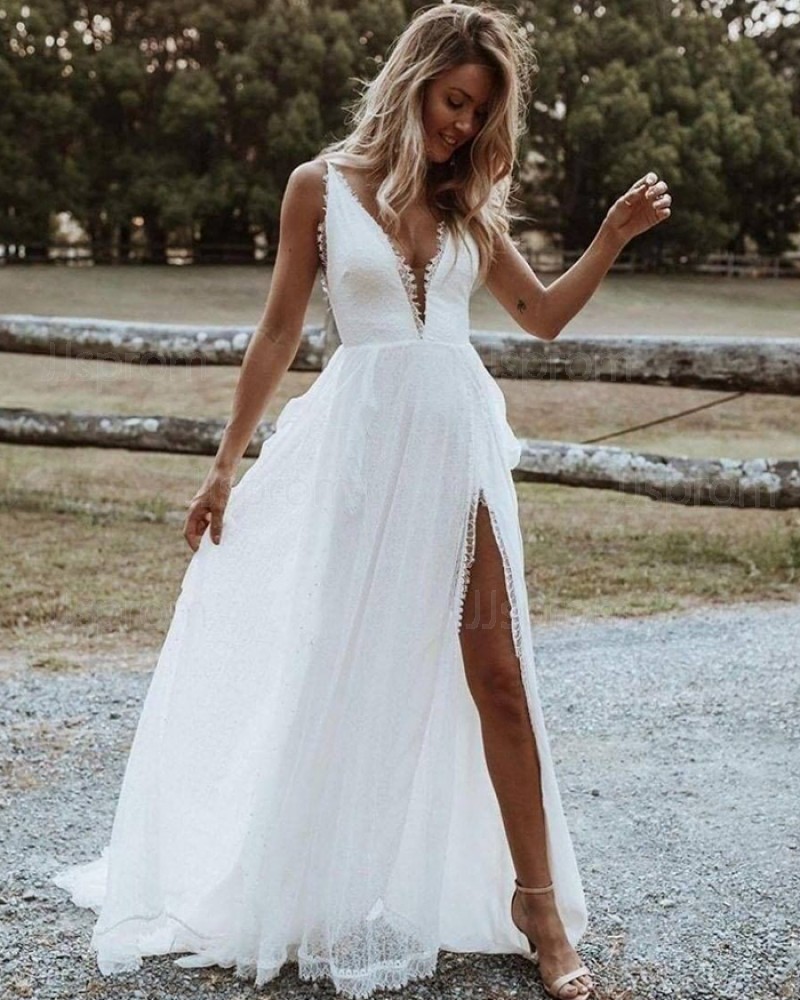 V-neck Lace White Beach Simple Wedding Dress with Side Slit WD2445
