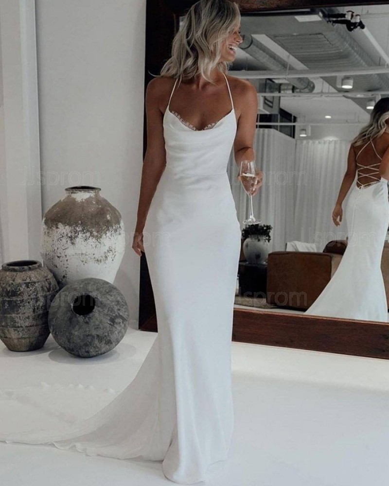 Halter White Mermaid Simple Wedding Dress with Court Train WD2446