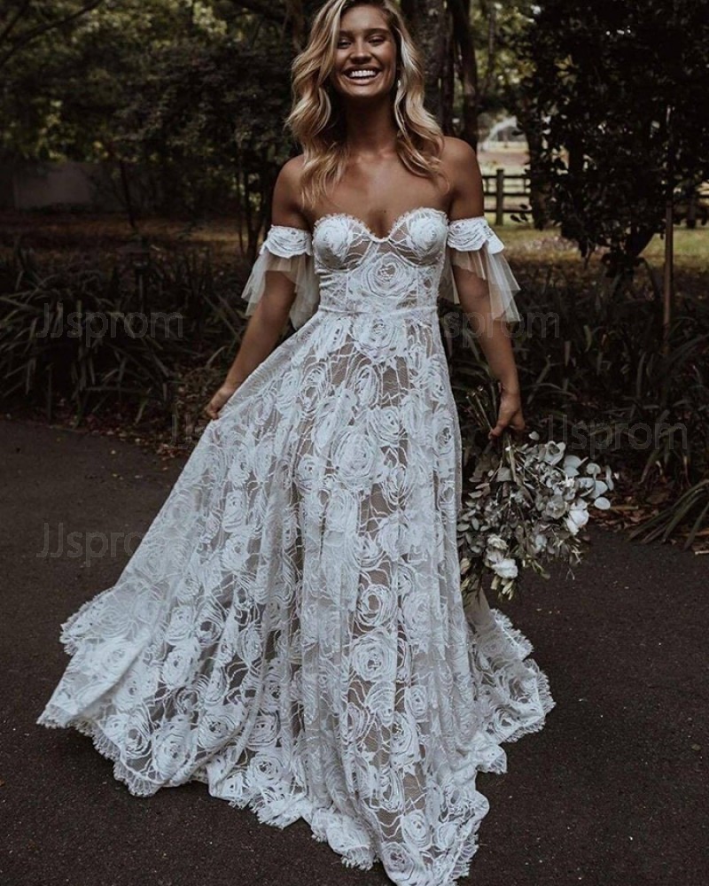 Ivory Off the Shoulder Lace A-line Wedding Dress WD2447