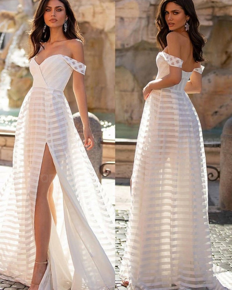 White V-neck Strip Tulle Beach Simple Wedding Dress with Side Slit WD2448