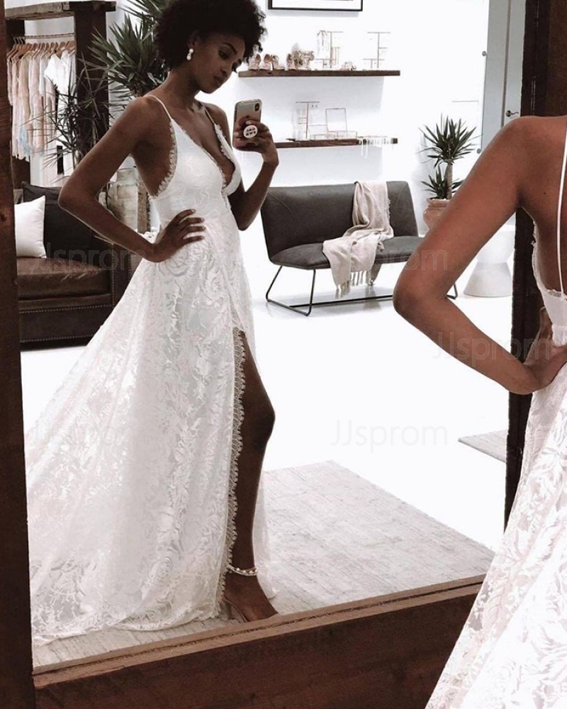 Spaghetti Straps Lace White Wedding Dress with Side Slit WD2450