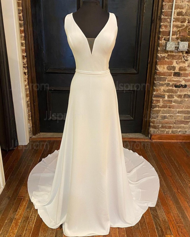V-neck Stretch Silk-Like A-line Simple Wedding Dress with Court Train WD2455