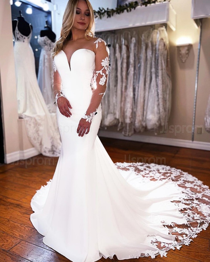 White Mermaid Sheer Neck Wedding Dress with Lace Long Sleeves WD2458