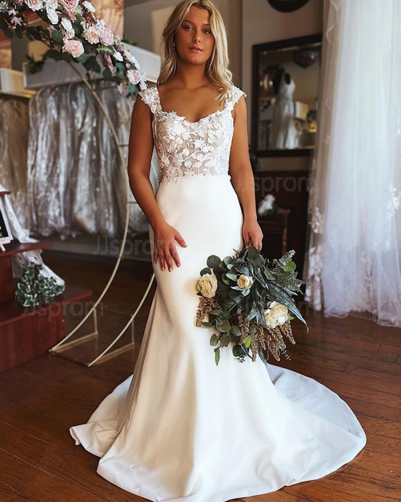 Lace Bodice Satin Square Neckline Mermaid White Wedding Dress WD2462