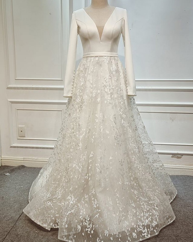 V-neck Satin Bodice Lace Ivory Wedding Dress with Long Sleeves WD2465