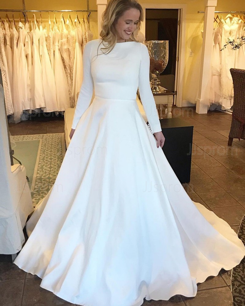 White Satin Jewel Neck A-line Simple Wedding Dress with Long Sleeves WD2466