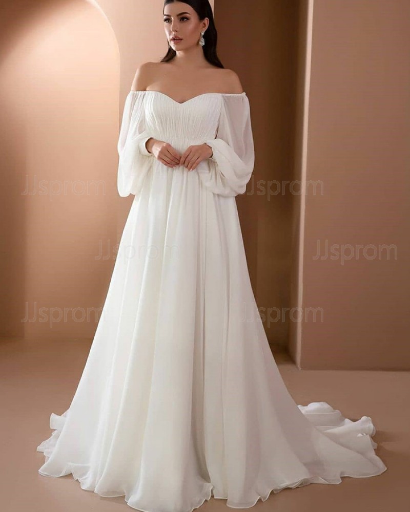Chiffon White Bohemia Style Off the Shoulder Wedding Dress with Long Sleeves WD2468