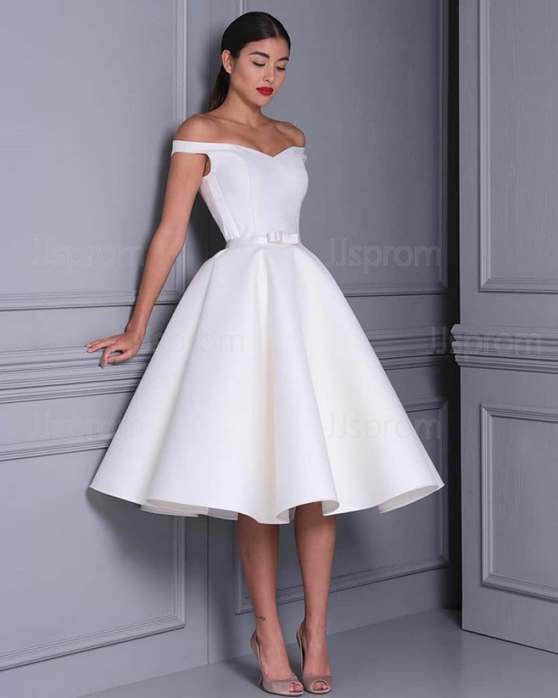 V-neck Satin White Knee Length Simple Wedding Dress WD2471