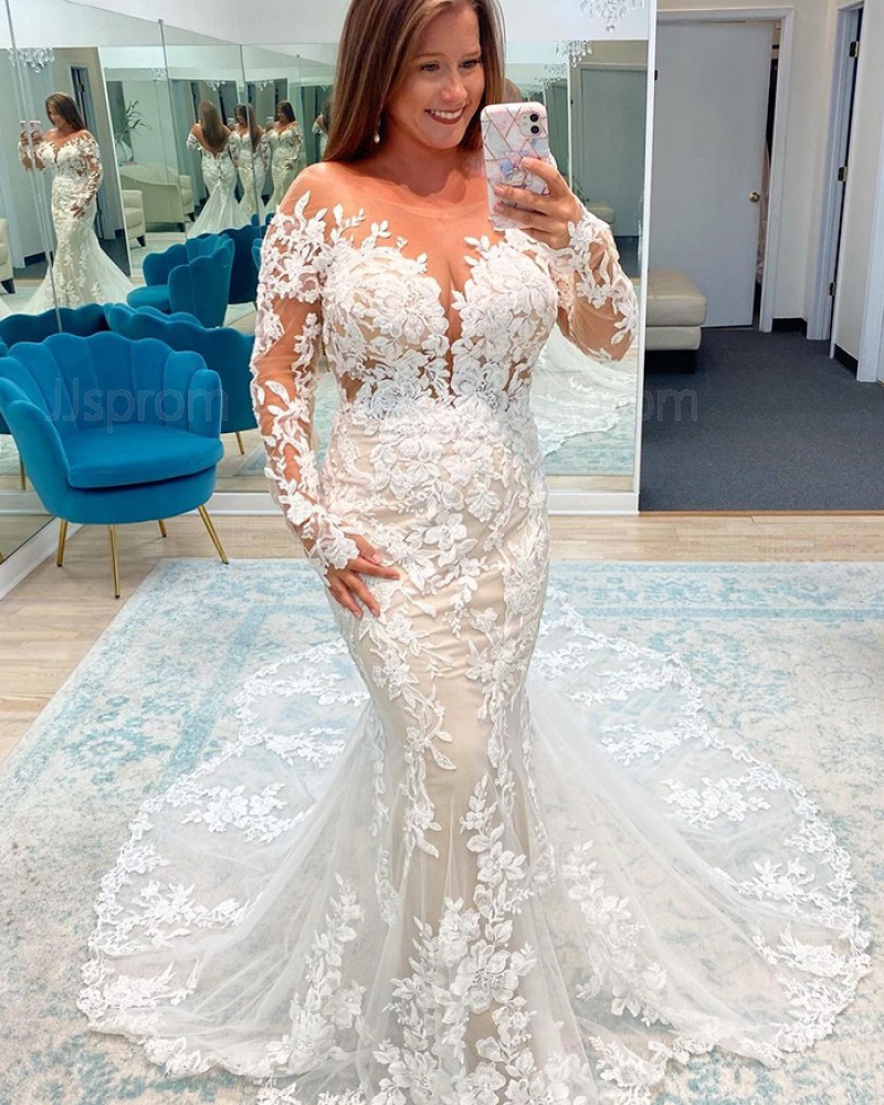 Lace Mermaid White Bateau Neckline Wedding Dress with Long Sleeves WD2472