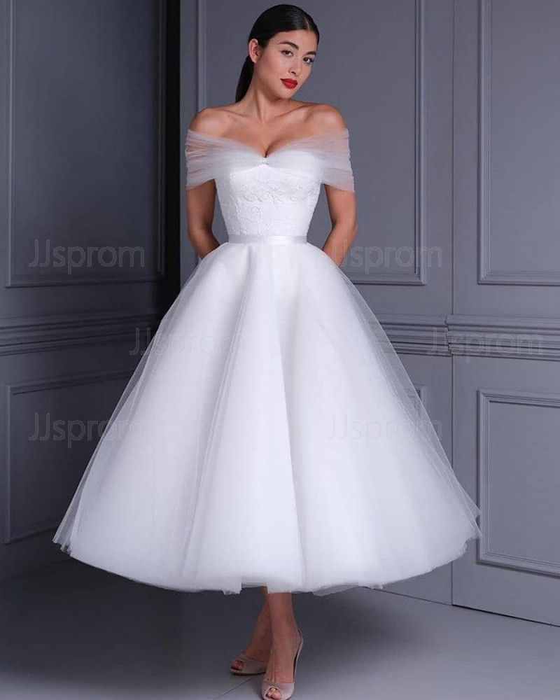White Lace Bodice Tulle Ankle Length Off The Shoulder Wedding Dress WD2475