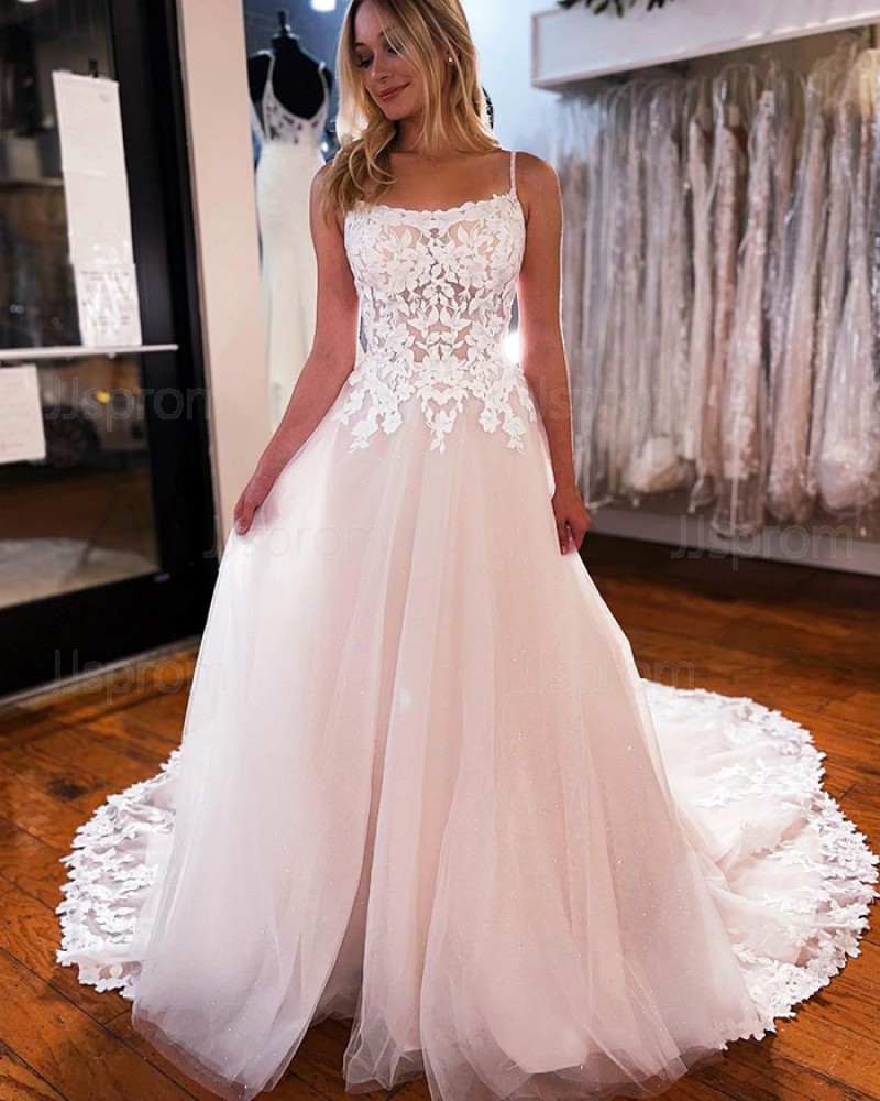 Lace Applique Spaghetti Straps Tulle White Wedding Dress WD2480