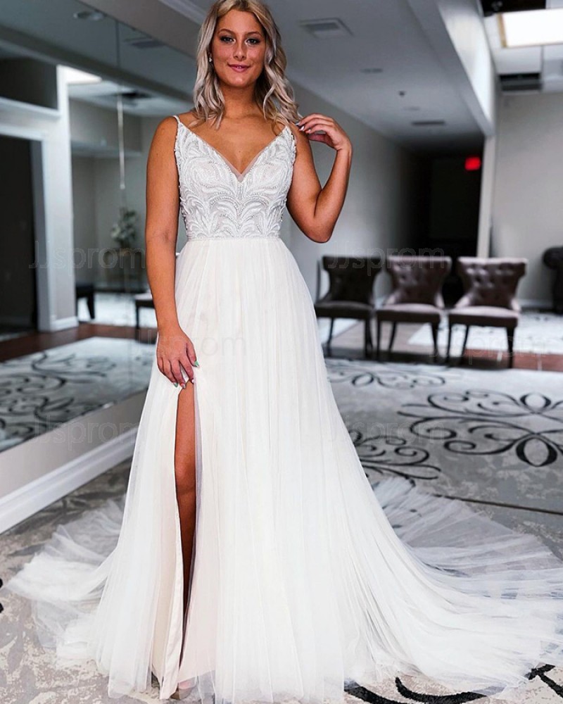 Lace Bodice White Pleated V-neck Wedding Dress with Side Slit WD2483