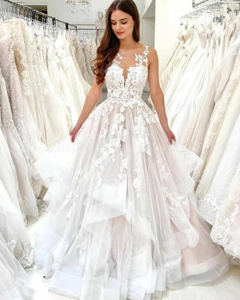 White Lace Sheer Neckline Ruffled Wedding Dress WD2484
