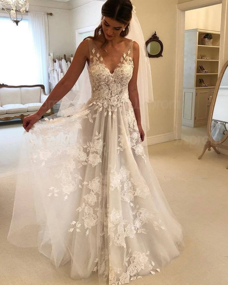 Ivory Lace Pleated V-neck A-line Wedding Dress WD2486