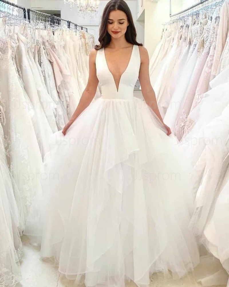 V-neck Tulle White Pleated Simple Wedding Dress WD2487