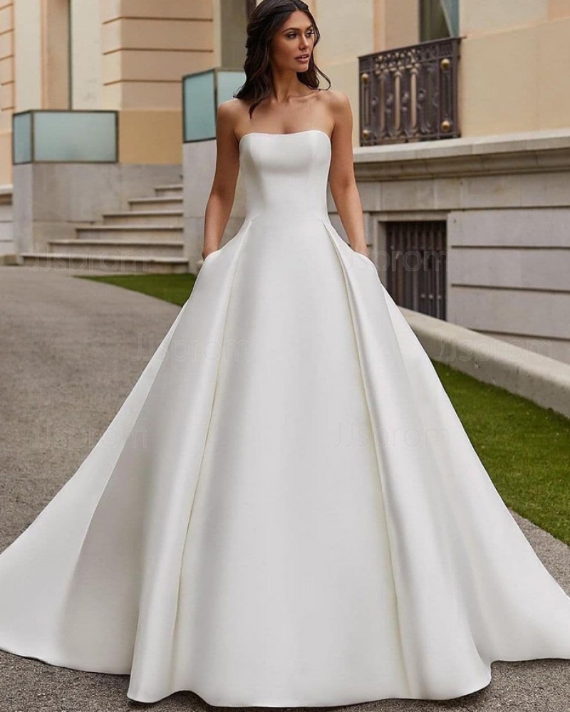 Strapless White Satin Simple Wedding Dress with Pockets WD2488