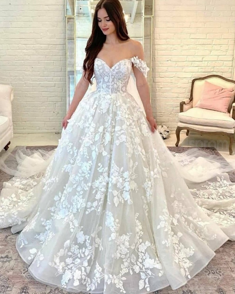 Ivory Lace Off the Shoulder A-line Wedding Dress WD2491