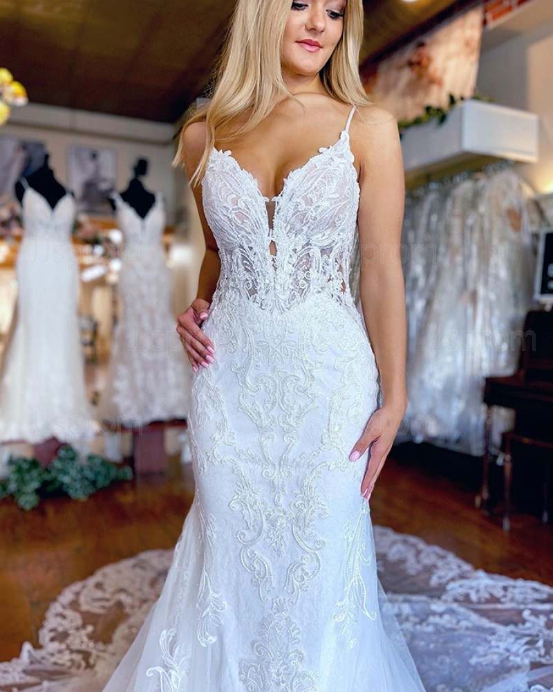 Spaghetti Straps Special White Lace Mermaid Wedding Dress WD2509