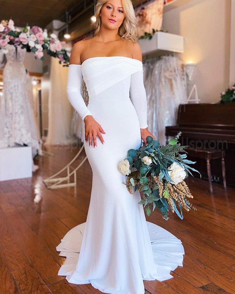 Ruched White & Ivory Satin Mermaid Strapless Wedding Dress with Long Sleeves WD2512