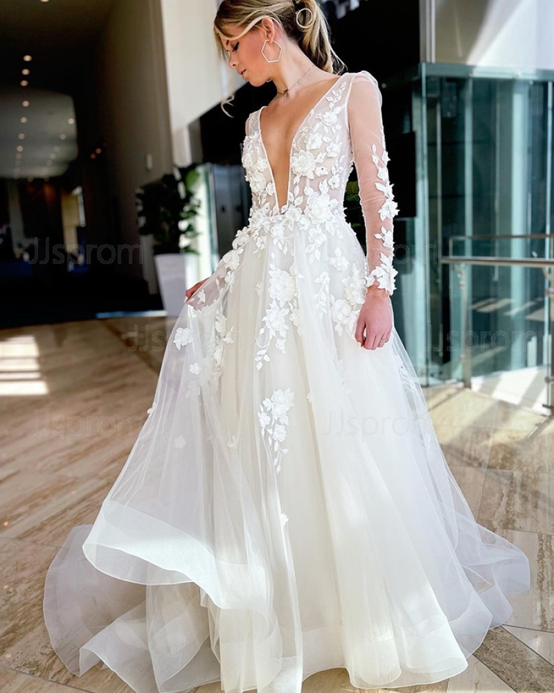 Tulle Ivory Lace Applique A-line V-neck Wedding Dress with Long Sleeves WD2513