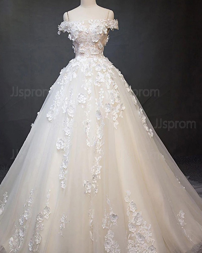 Lace Applique Off the Shoulder Ivory A-line Wedding Dress WD2518