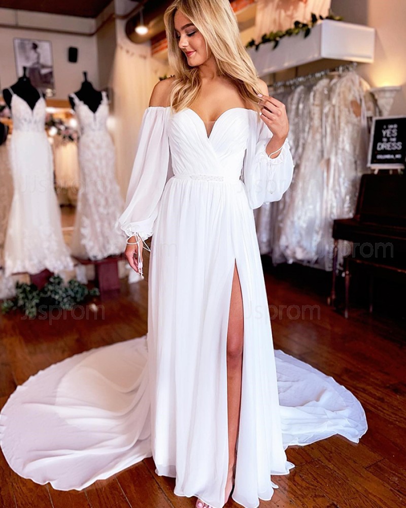 Ruched Chiffon Sheath Off the Shoulder Long Sleeve Wedding Dress with Side Slit WD2525