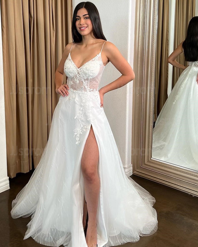 White Applique Spaghetti Straps Mermaid Wedding Dress with Side Slit WD2526