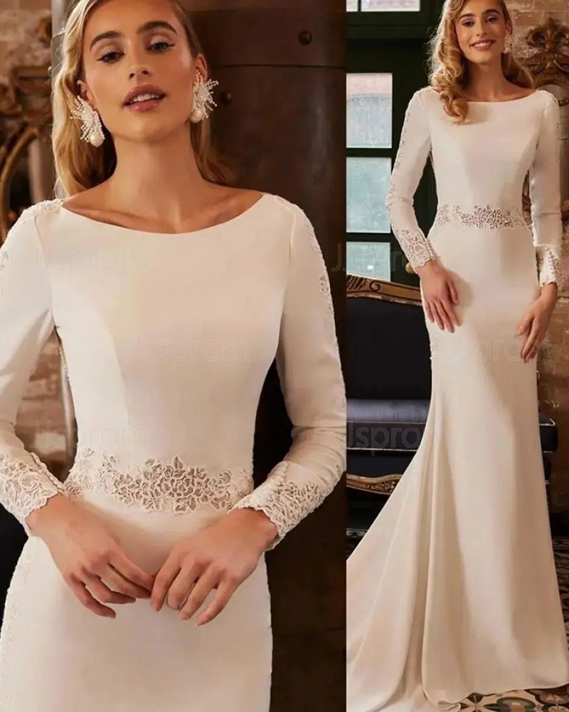 Ivory Satin Lace Applique Bateau Neckline Mermaid Wedding Dress with Long Sleeves WD2540