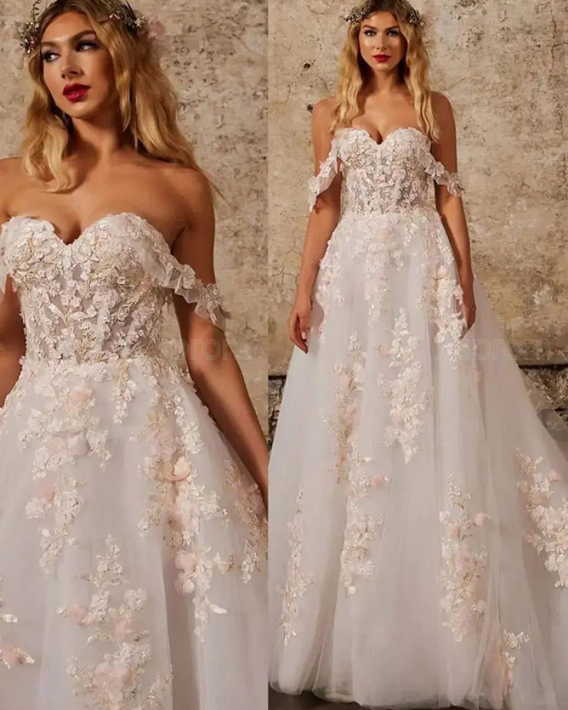 Lace Applique Off the Shoulder White Wedding Dress WD2542