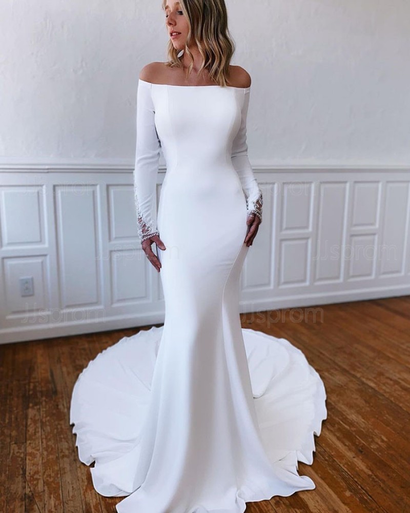 White Satin Mermaid Off the Shoulder Wedding Dress with Beading Long Sleeves WD2546