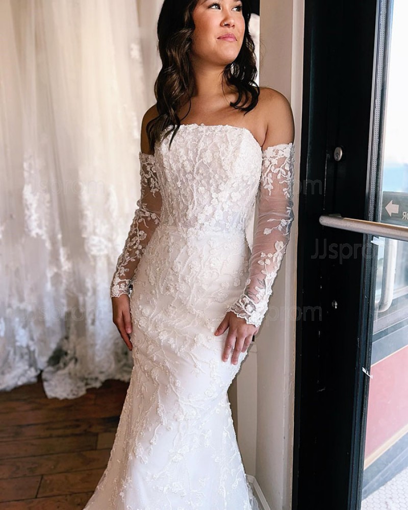 Lace Applique White Mermaid Strapless Wedding Dress with Removable Long Sleeves WD2549